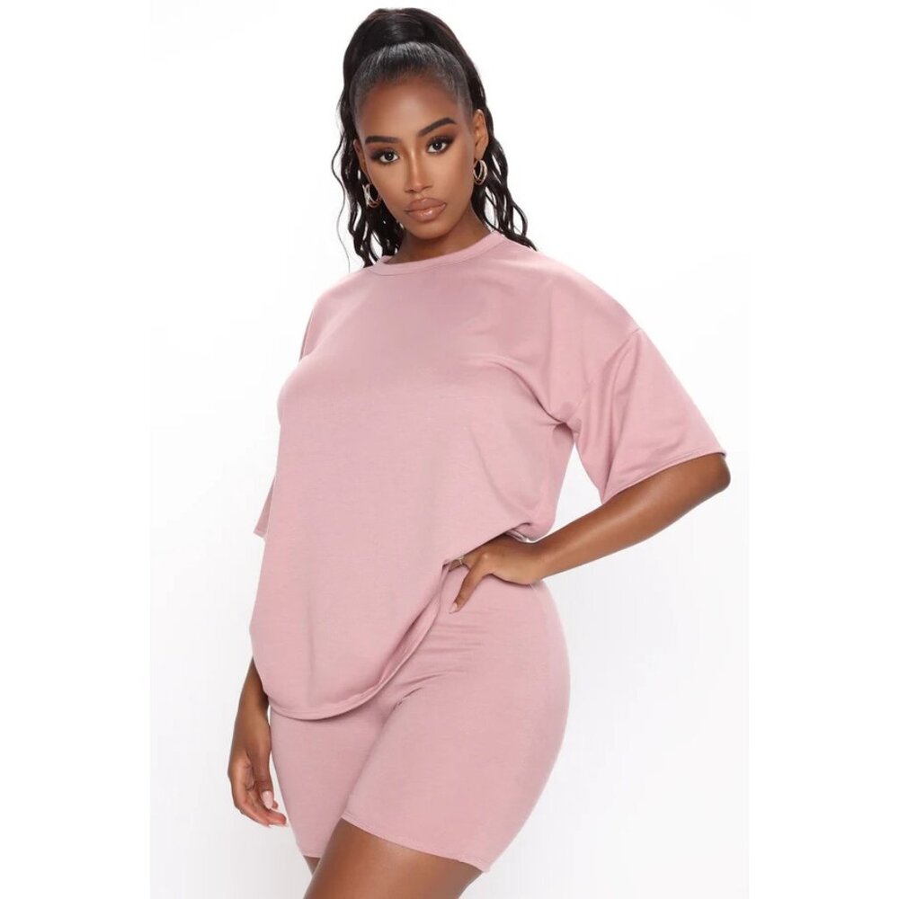 Fashion Nova Mauve 2-Piece Set | Oversized Tee + Biker Shorts | Size M